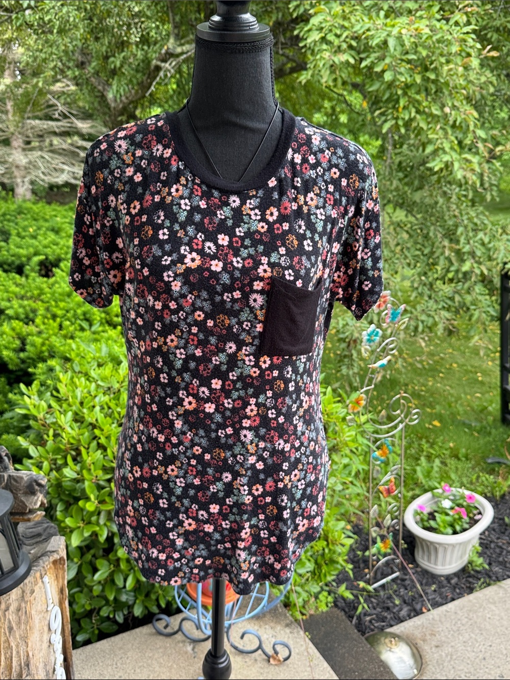 SELF-E Black Floral Pocket Tee with Pink & Coral Blossoms